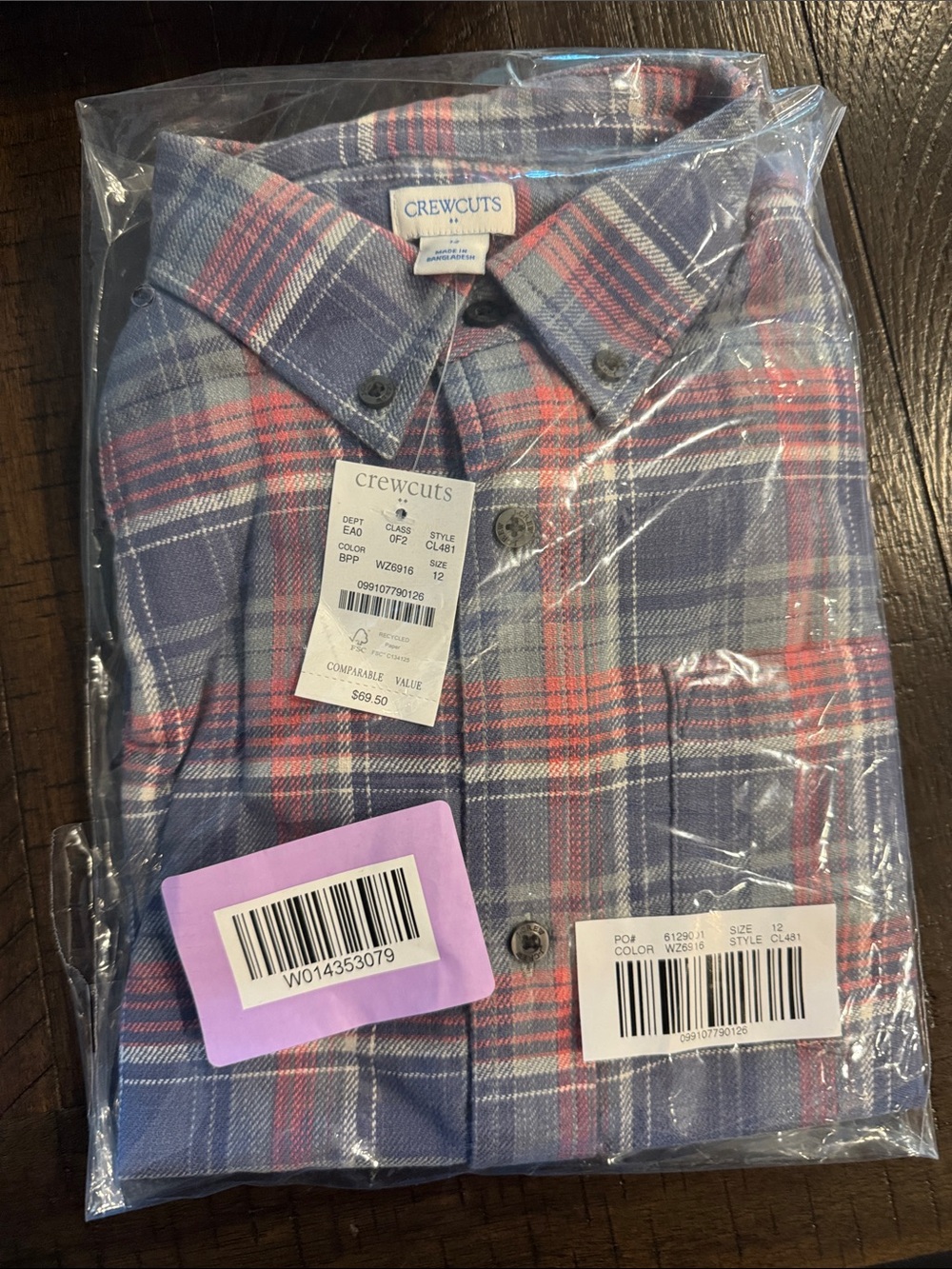 J. Crew Factory Boys' Blue and Pink Plaid Button-Down Shirt